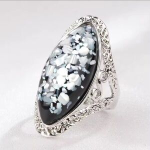 Elegant Silver and Midnight Blue Shell Mosaic Tile Boho Statement Ring